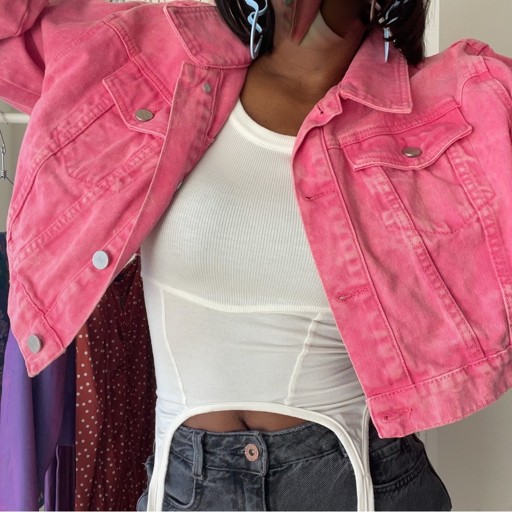 Zara Cropped Pink Denim Jacket